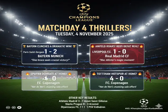 نتائج مباريات الثلاثاء 4 نوفمبر 2025