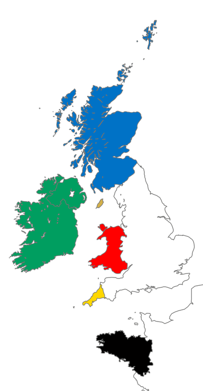 A map of the six Celtic nations: Ireland, Scotland, the Isle of Man, Wales, Cornwall, and Brittany