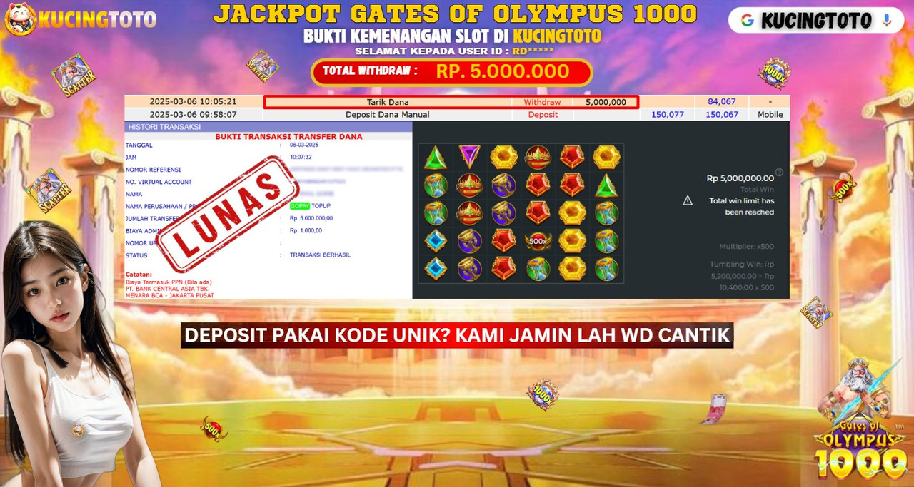 KUCINGTOTO JACKPOT SLOT GATES OF OLYMPUS 1000 RP.5.000.000.,- LUNAS