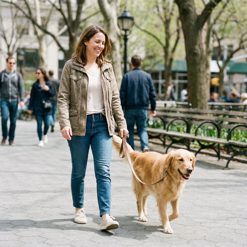 Owner walking calm dog in public