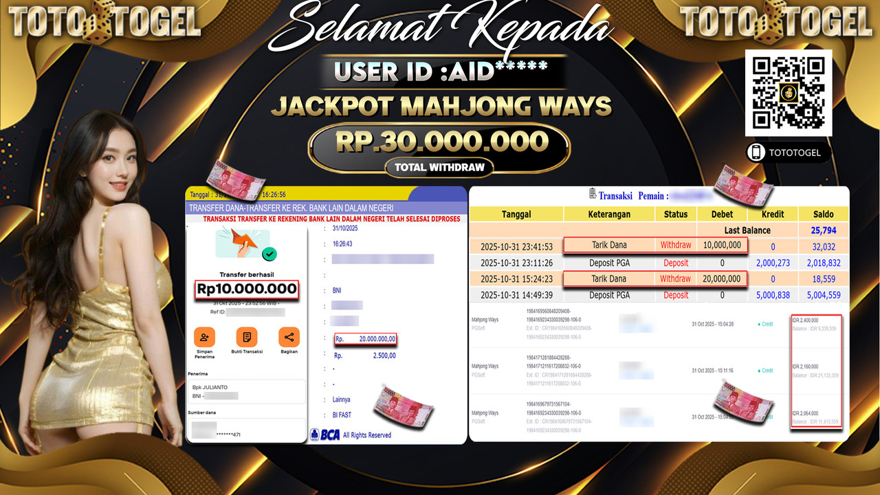 Bukti Pembayaran Jackpot Permainan Slot Mahjong Ways ID:AID**** LUNAS