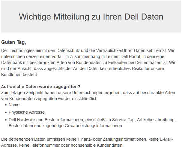 Dell-Benachrichtigung zum Hack