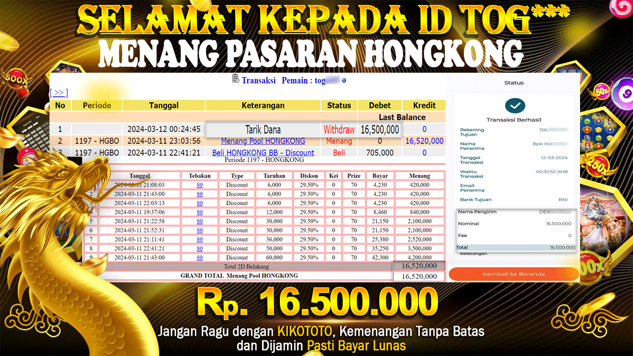 MENANG BESAR DI TOGEL PASARAN HONGKONG SEBESAR Rp 16,500,000 LANGSUNG DAN TANPA BASA BASI DI BAYAR KIKOTOTO !!!