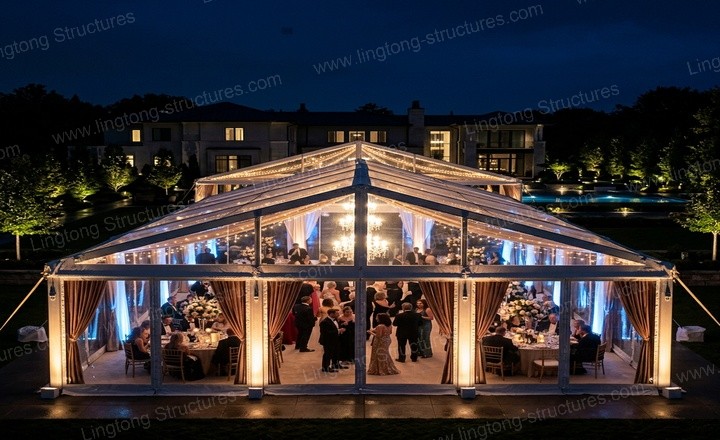 Banquet setup inside the marquee with tables, chairs, and warm lighting