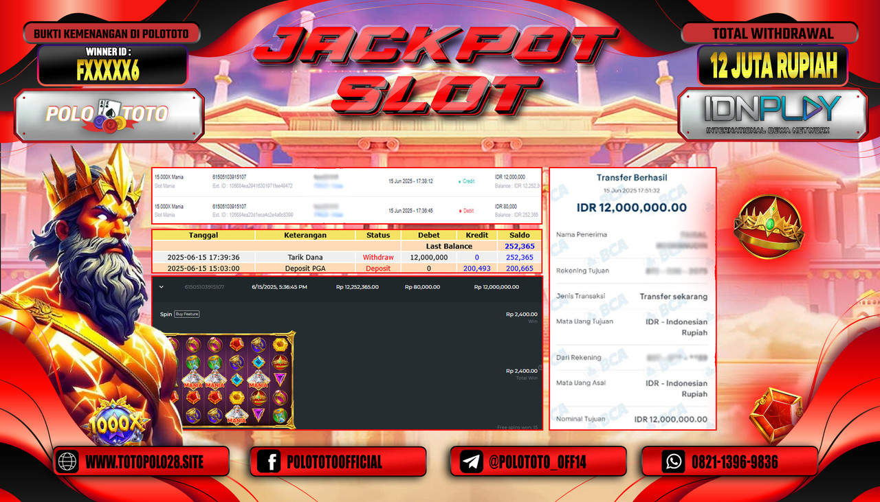 POLOTOTO JACKPOT SLOT 15.000X MANIA Rp.12.000.000,- LUNAS