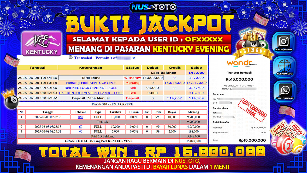 JACKPOT !! MENANG BESAR DI PASARAN KENTUCKY EVENING Rp. 15.000.000 LANGSUNG DI BAYAR LUNAS NUSTOTO !!
