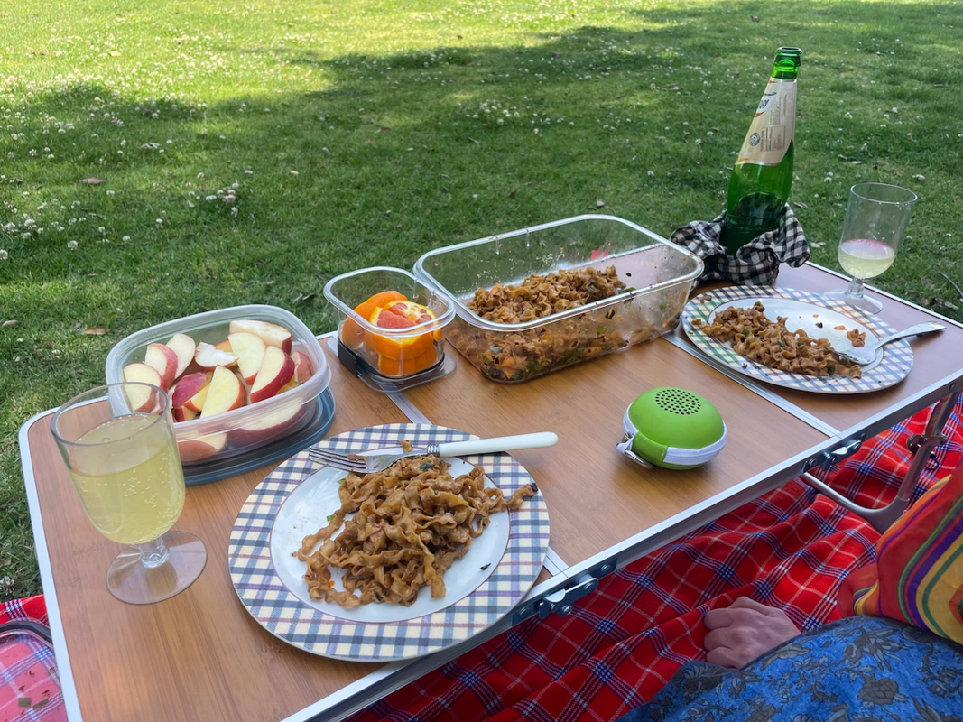 a photo of a low, portable table atop a picnic blanket in a grassy park. the table has two plates with stir fry noodles on them alongside a container of noodles, a container of oranges, a container of apples, two little glasses of cream soda, and the big glass bottle of cream soda. a little green speaker sits in front, too