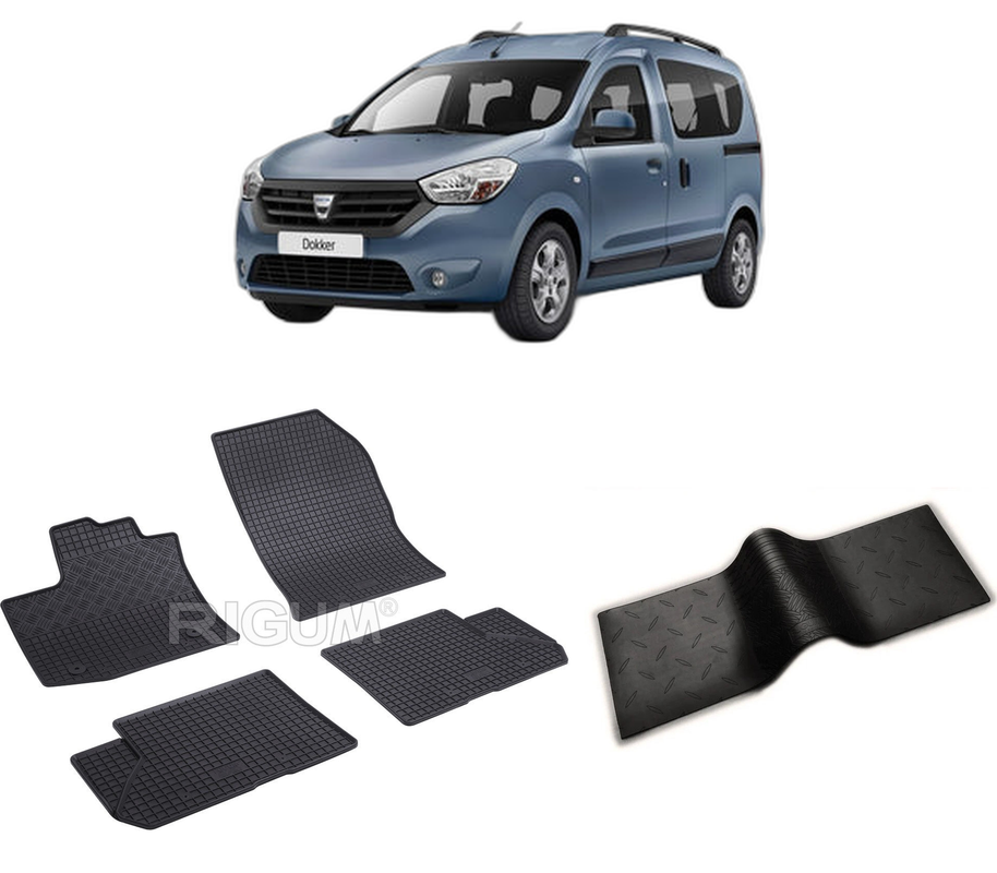 Set covorase auto DACIA DOKKER din 11.2012-09.2021, cu covoras tunel median, CAROSERIE VAN 5 LOCURI, Presuri cauciuc 100%, compatibil cu autoturismul DACIA DOKKER, Rigum