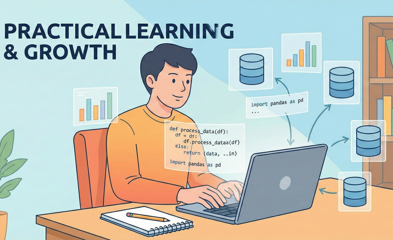 Illustration of diverse learners including students and professionals exploring data concepts on computers