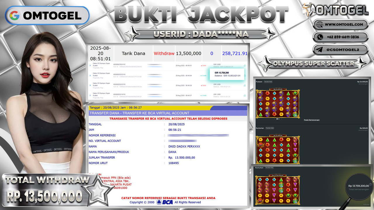 OMTOGEL JACKPOT PRAGMATIC PLAY GATES OF OLYMPUS SUPER SCATTER 13 JUTA DI BAYAR LUNAS ,-