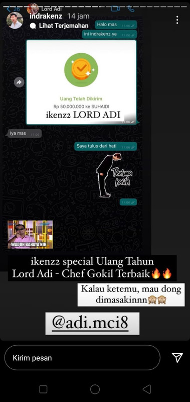 Lord Adi dapat kado Rp 50 juta dari Indra Kenz.