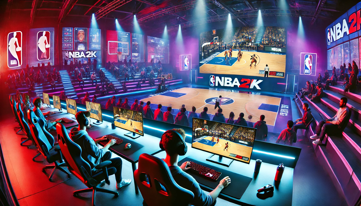 Esports atmosphere with virtual basketball court and gamers