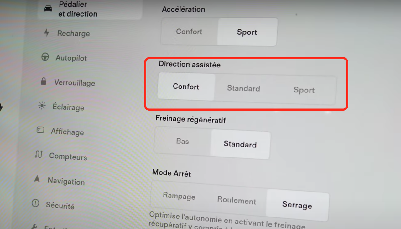 régler direction assistée Tesla Model 3 Model Y