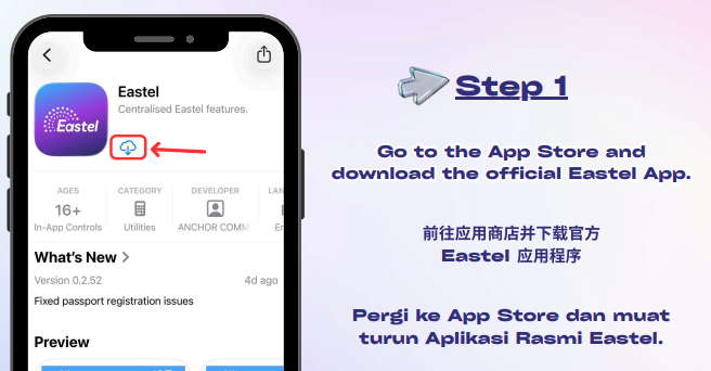 Install aplikasi Eastel untuk tukar telco lama ke Eastel
