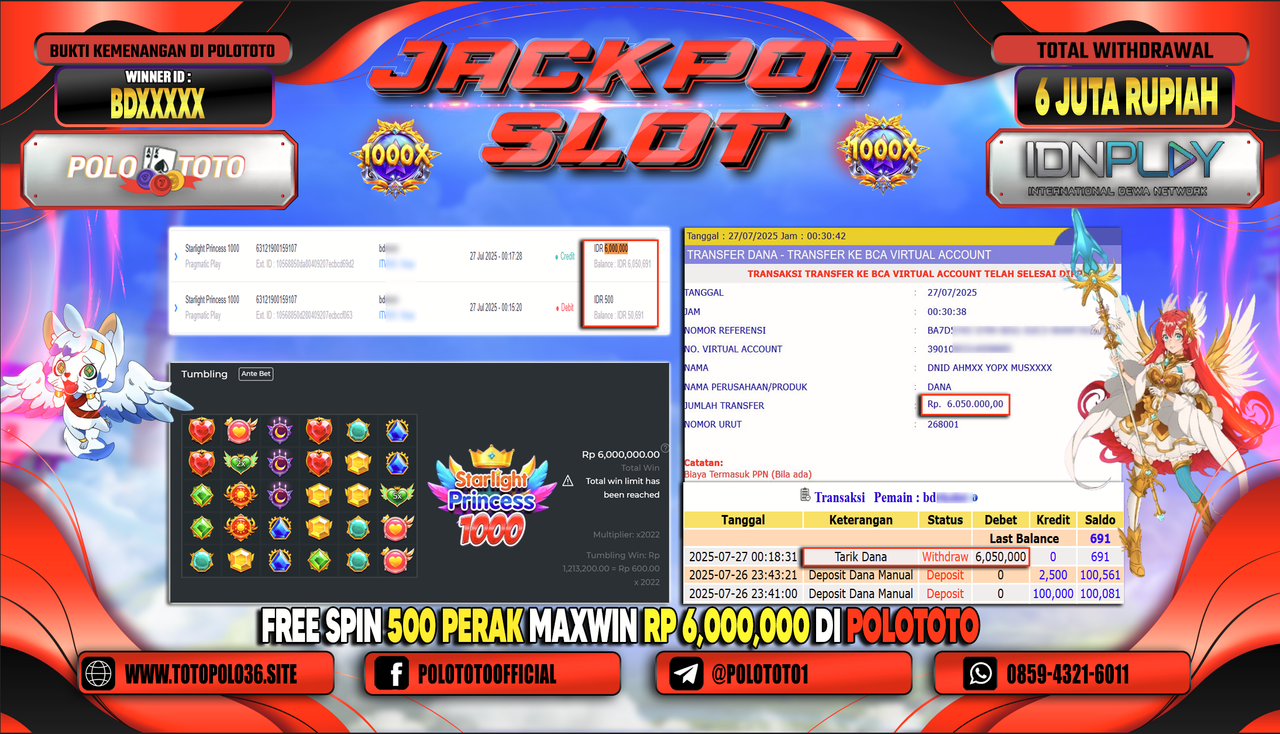 POLOTOTO JACKPOT SLOT STARLIGHT PRINCESS 1000 Rp.6.000.000,-LUNAS
