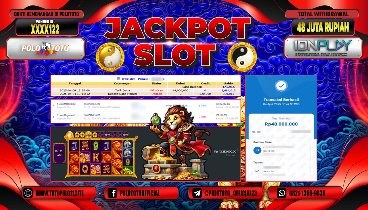 POLOTOTO JACKPOT SLOT 5 LIONS MEGAWAYS 2 Rp.48.000.000,-