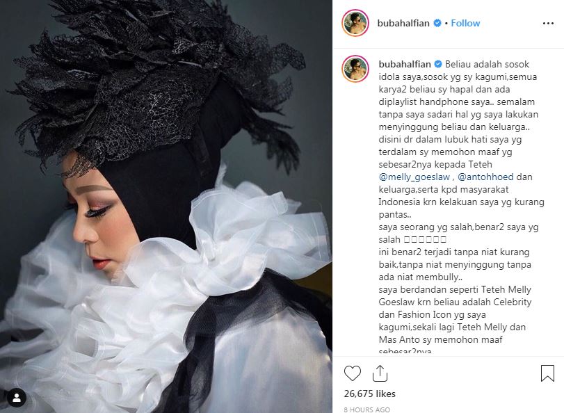 Permintaan maaf Bubah Alfian kepada Melly Goeslaw (Instagram/bubahalfian)