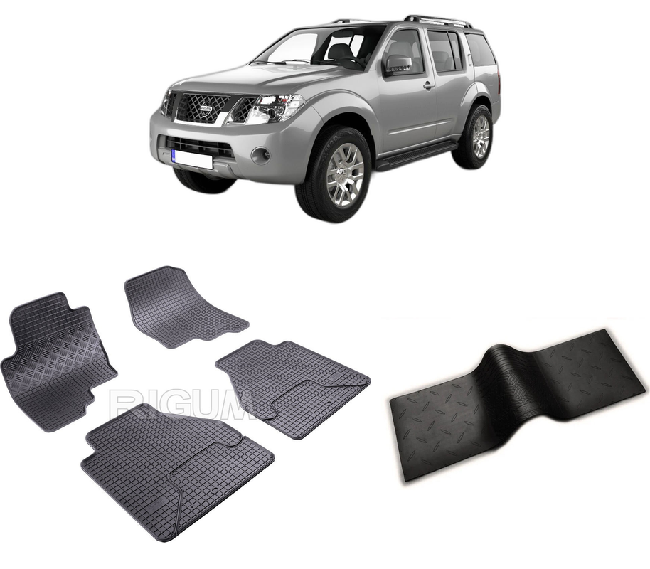 Set covorase auto NISSAN PATHFINDER din 2005-2010, cu covoras tunel median, CAROSERIE SUV, Presuri cauciuc 100%, compatibil cu autoturismul NISSAN PATHFINDER, Rigum