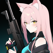 light pink hair, cyberpunk, cat ears, teenage, 1 girl, assault rifle, odd eye, y s-1115909159
