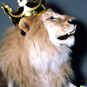 DALL·E - 35mm studio photo of a lion wearing a crown, proud to be shown as he actually is