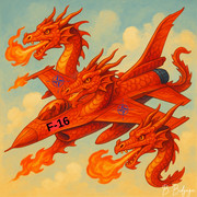 An American F-16 fighter jet depicted as a mythical fire dragon.