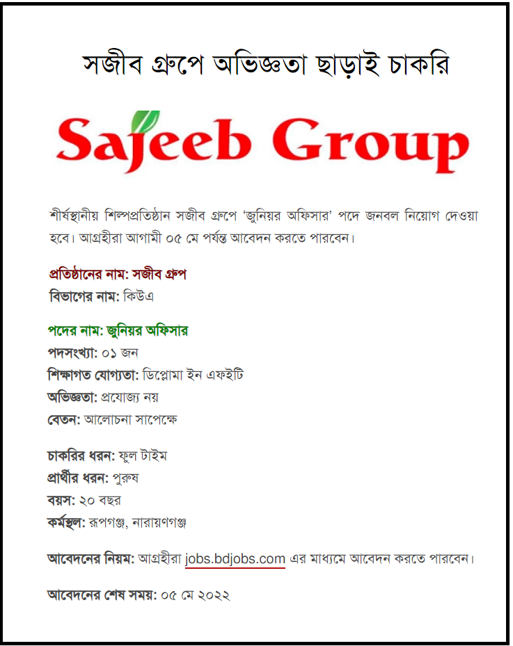 সজীব গ্রুপ নিয়োগ বিজ্ঞপ্তি