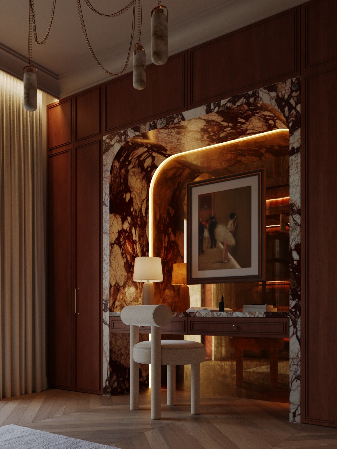 Dark wood cabinet with arched vanity area