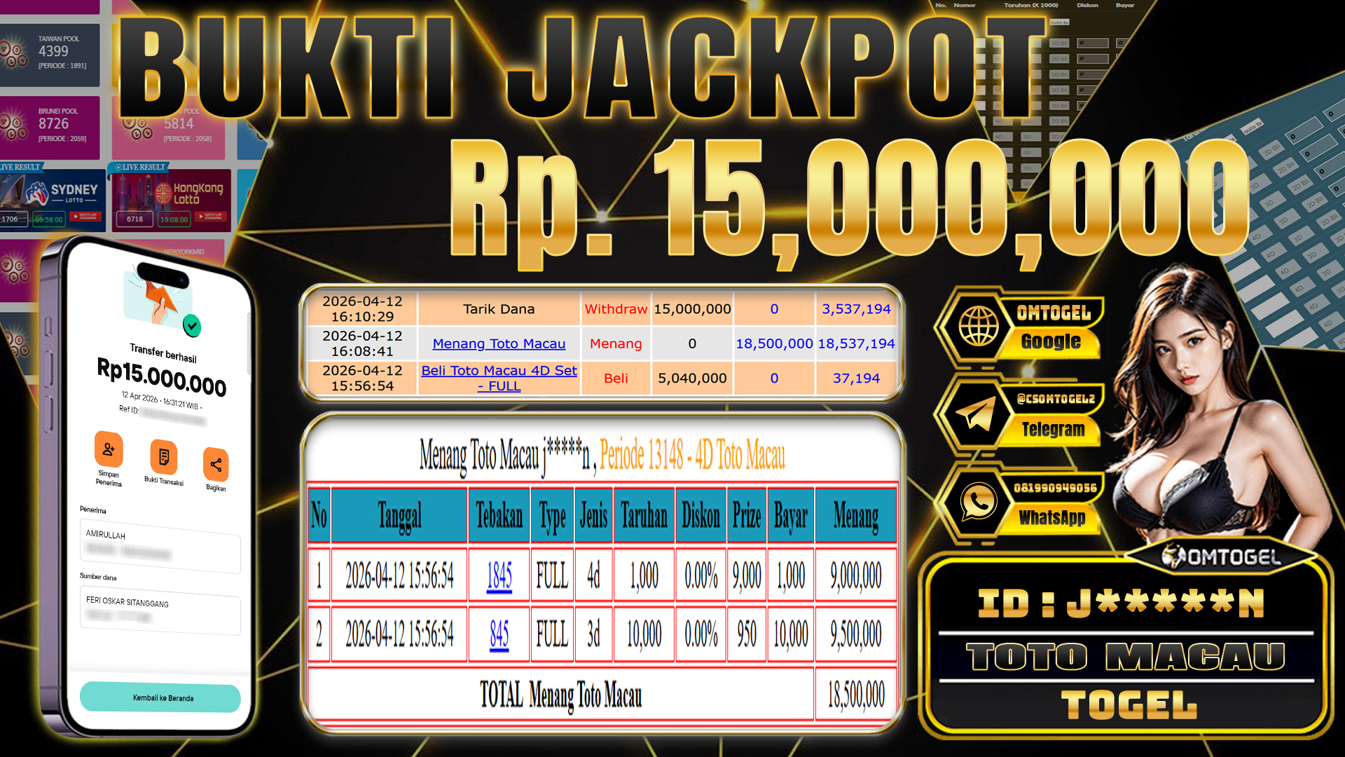 OMTOGEL JACKPOT TOGEL TOTOMACAU 4D 3D, 15 JUTA DI BAYAR LUNAS ,-