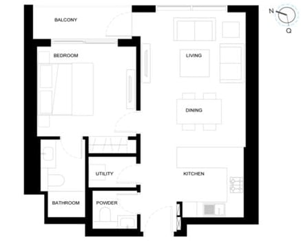Sobha One - Tower A 1.5-BR apartment floorplan layout Distress Deal showing efficient unit design with balcony and optimized living spaces