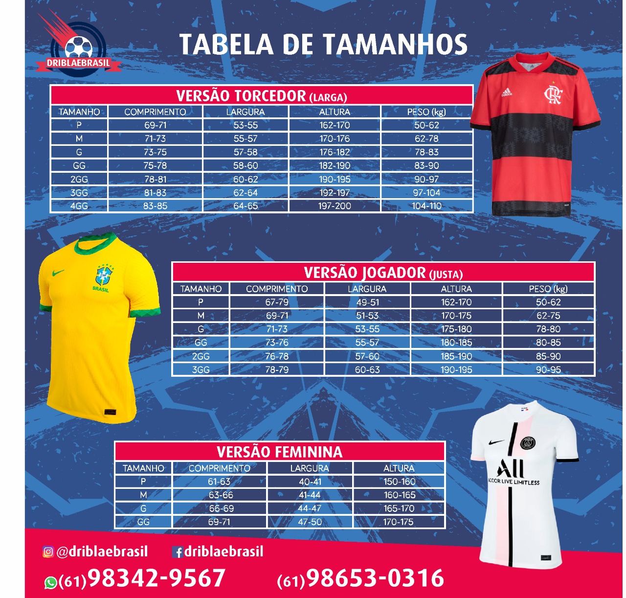 tamanho de camisa de time