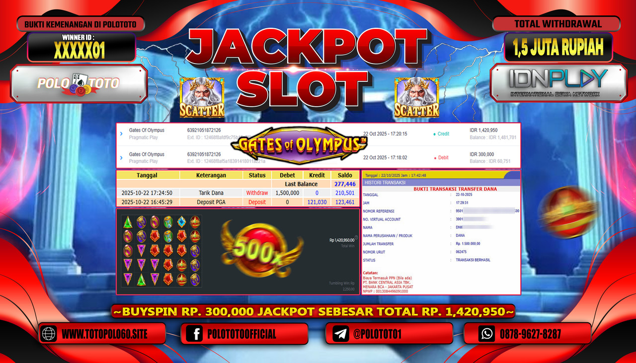POLOTOTO JACKPOT SLOT GATES OF OLYMPUS Rp.1.500.000,- LUNAS