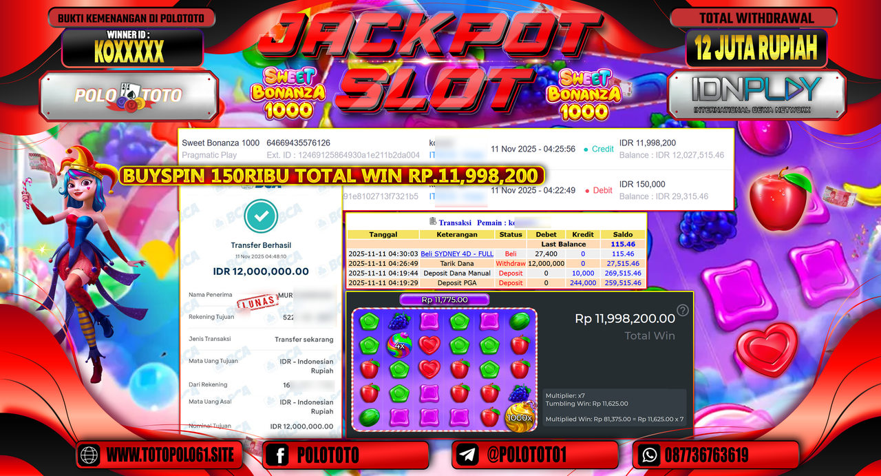 POLOTOTO JACKPOT SLOT SWEET BONANZA 1000 Rp.12.000.000,- LUNAS