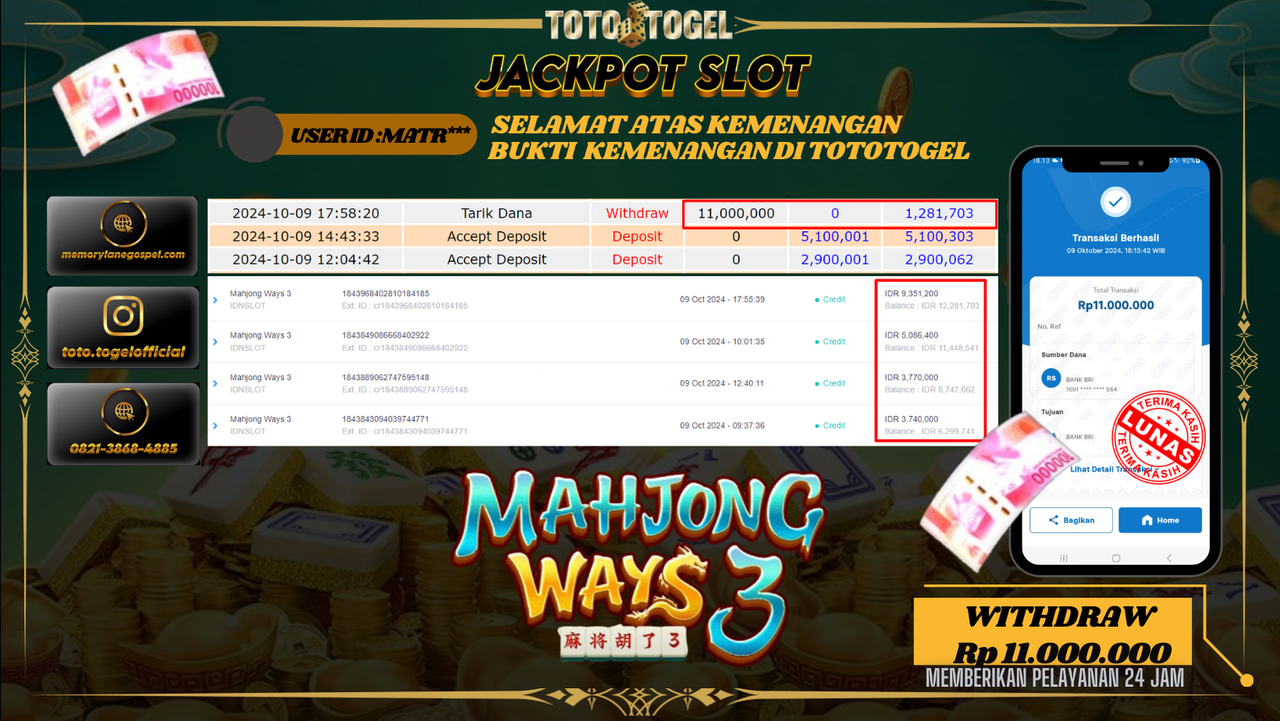 Bukti Kemenangan Permainan Slot Mahjong Wayz 3 ID : MATR** Terbayar Lunas!!