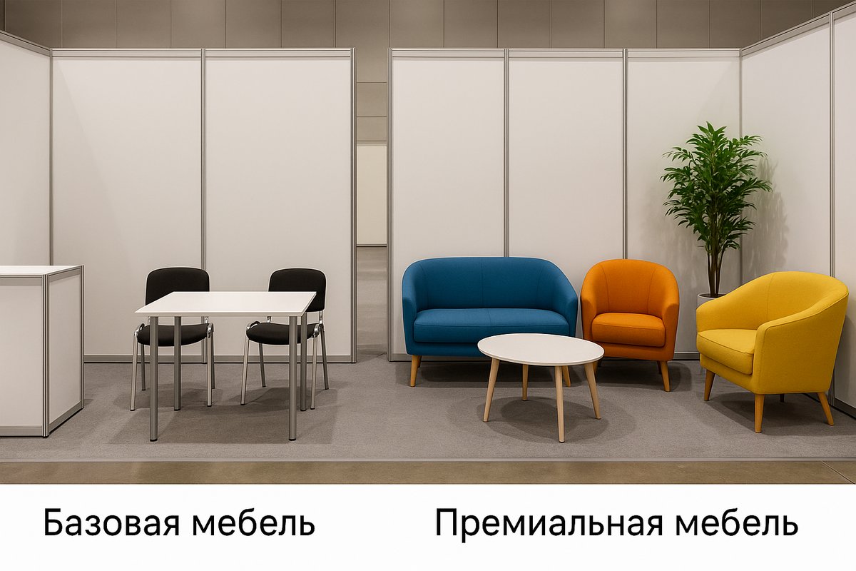 dva-stenda-na-vystavke-odin-s-bazovoy-mebelyu-drugoy-s-premialnoy