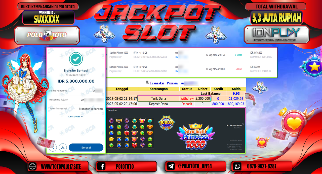 POLOTOTO JACKPOT SLOT STARLIGHT PRINCESS 1000 Rp.5.300.000,-