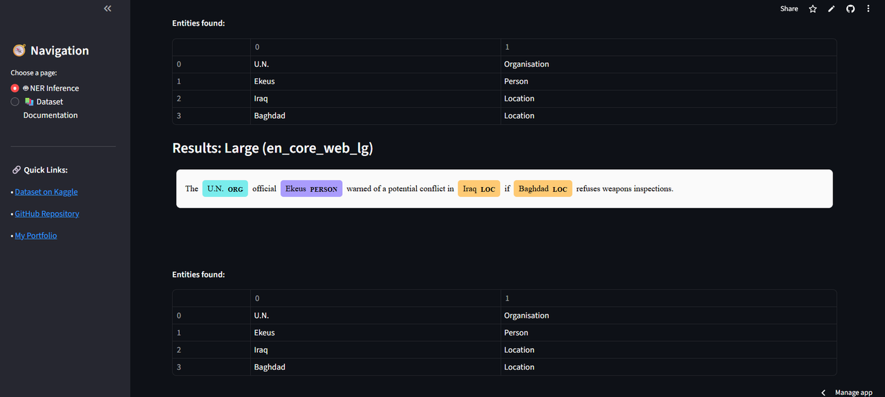 Named Entity Recognition for News Articles feature 2 screenshot - AI/ML/NLP project