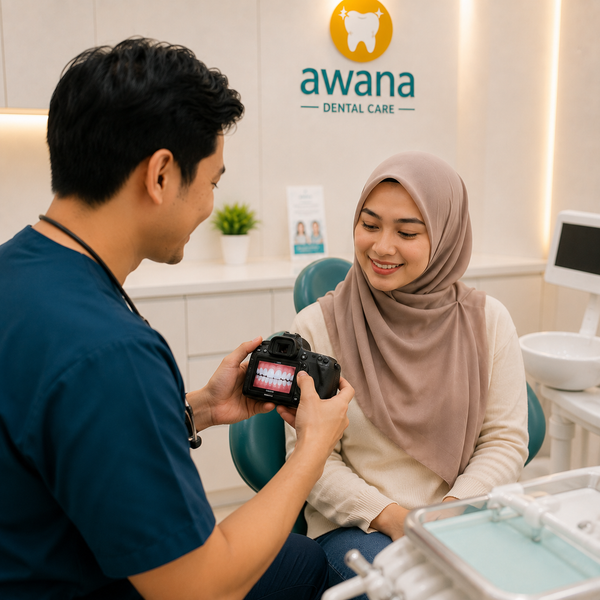 Dr. Hanif menunjukkan hasil gigi lebih putih selepas rawatan whitening di Awana Dental Bangi