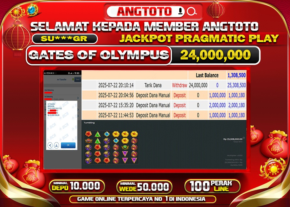 BUKTI PELUNASAN 22 JULY 2025 MENANG DI PERMAINAN GATES OF OLYMPUS TOTAL WD 24 JUTA