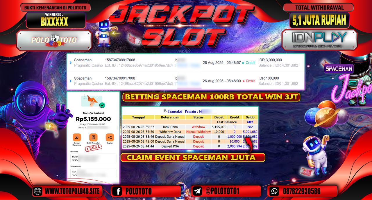 POLOTOTO JACKPOT SLOT SPACEMAN Rp.5.155.000,-