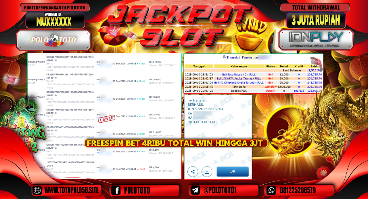 POLOTOTO JACKPOT SLOT MAHJONG WAYS 2 Rp.3.000.000,-