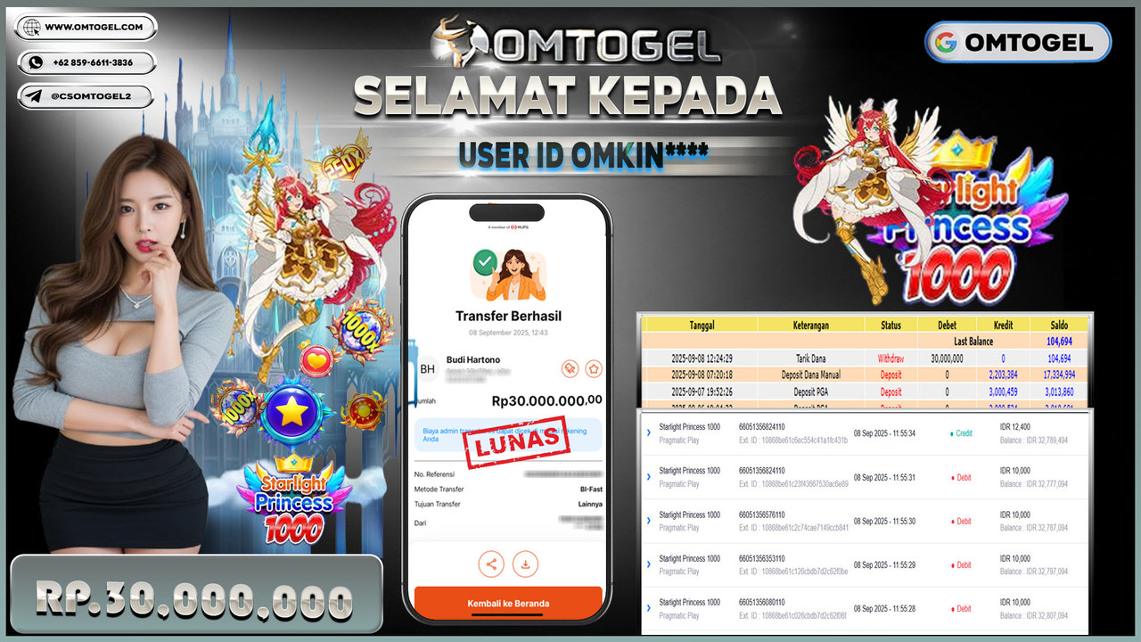 OMTOGEL JACKPOT PRAGMATIC PLAY STARLIGHT PRINCESS 1000 30 JUTA DI BAYAR LUNAS ,-