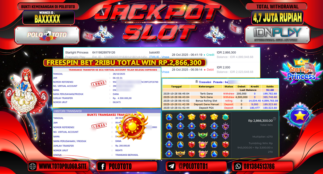 POLOTOTO JACKPOT SLOT STARLIGHT PRINCESS Rp.4.700.000,- LUNAS