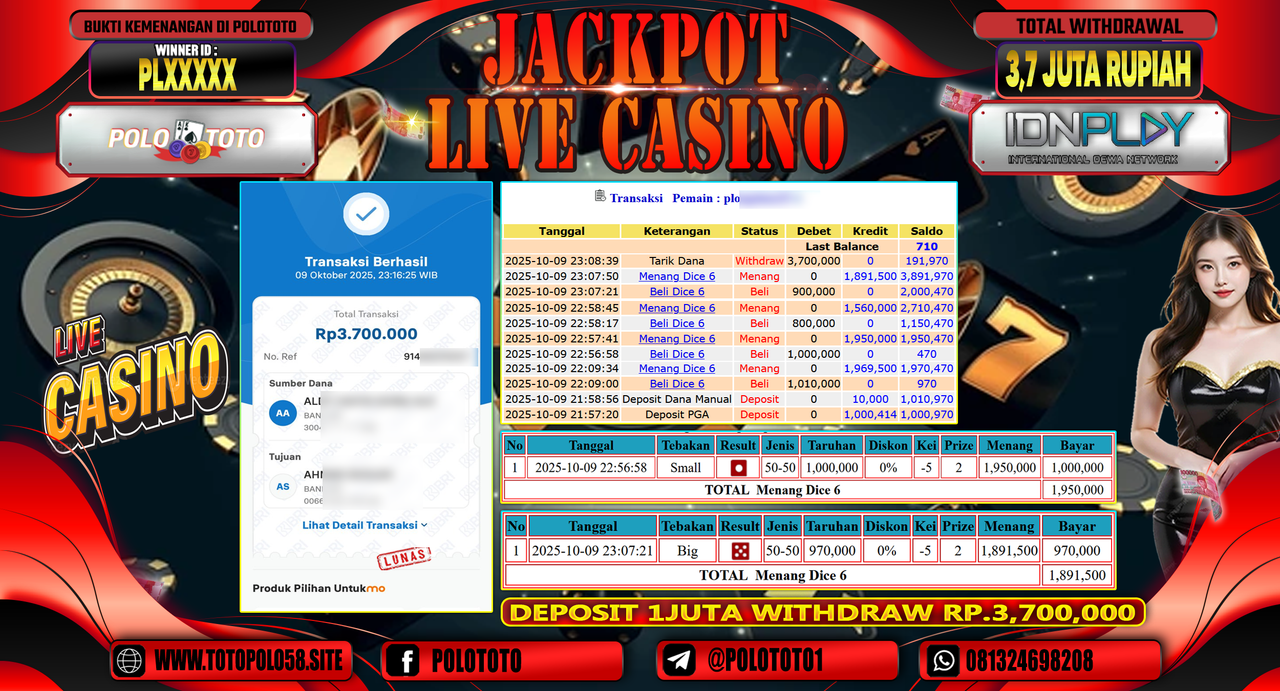 POLOTOTO JACKPOT LIVE CASINO MENANG DICE 6 Rp.3.700.000,- LUNAS