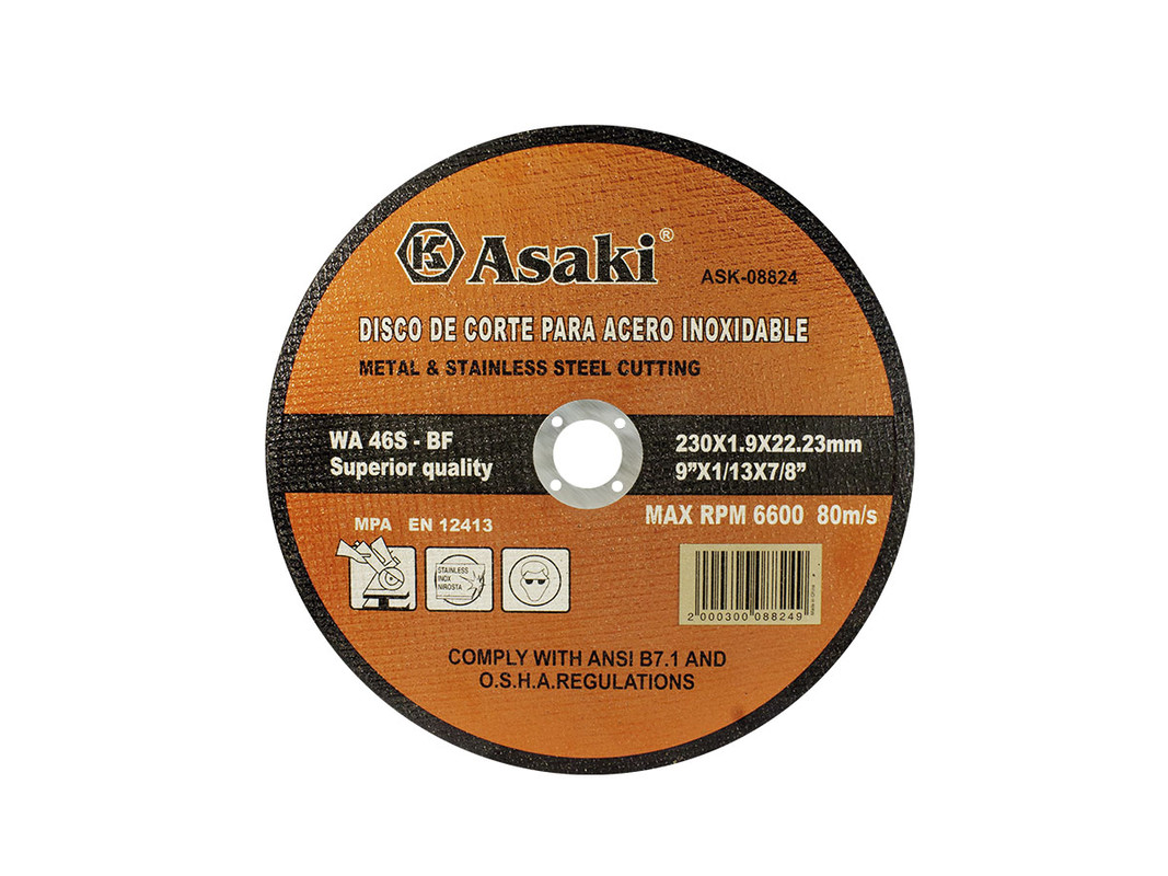 DISCO DE CORTE PARA ACERO INOXIDABLE 230X1.9X22.23MM ASAKI