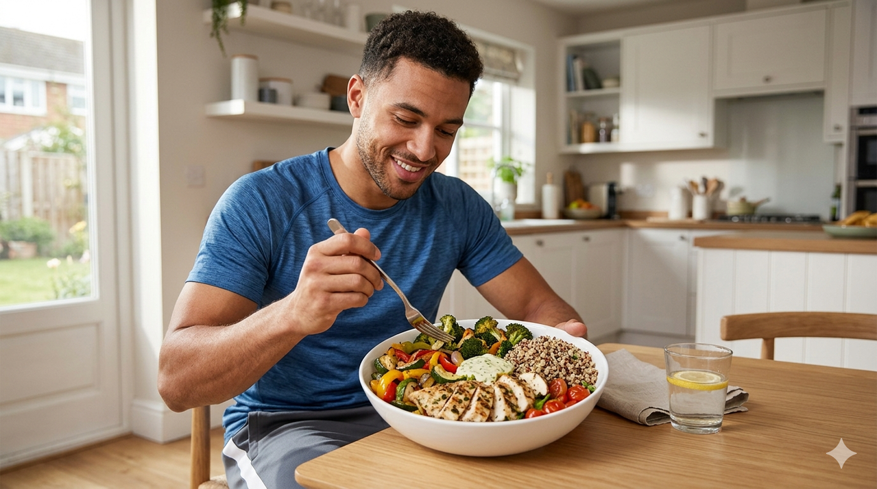 Quick high-satiety recipes including lentil soup, Greek yogurt bowl, egg scramble, representing appetite control fat loss