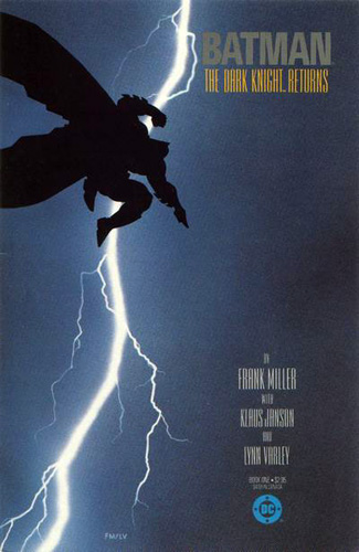 O Cavaleiro das Trevas (1986) - Frank Miller Batman nos céus em meio às sombras, e no fundo um raio vindo dos céus