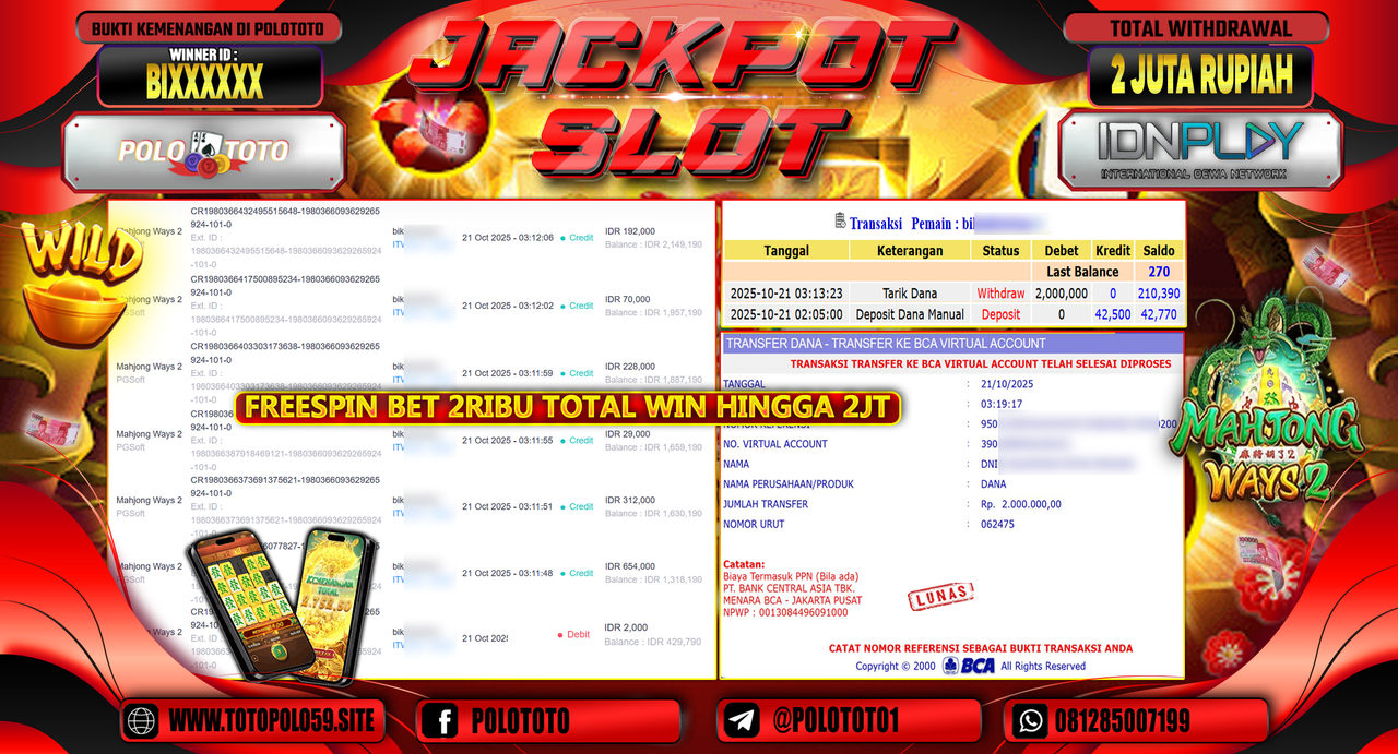 POLOTOTO JACKPOT SLOT MAHJONG WAYS 2 Rp.2.000.000,-