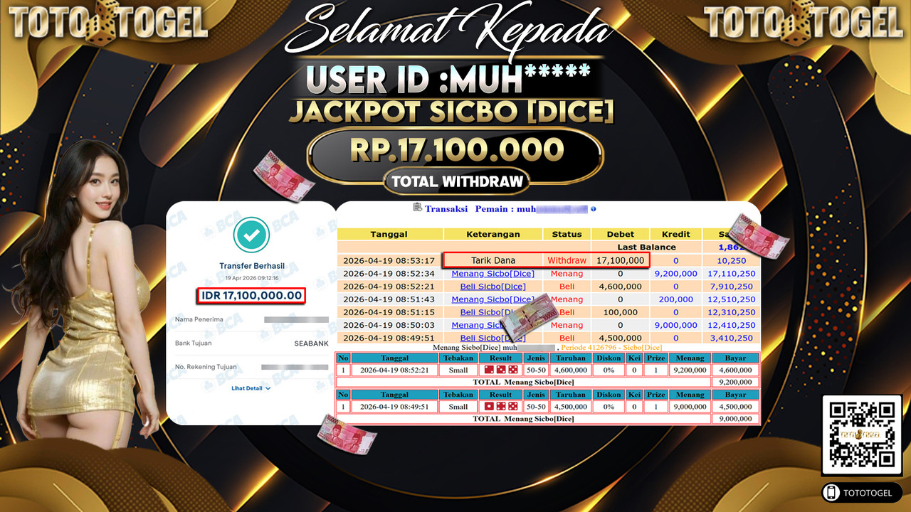 Bukti Pembayaran Jackpot Permainan Live Game Sicbo [Dice] ID:MUH*****LUNAS