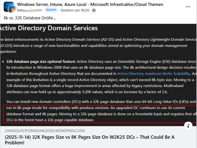 Facebook-Post zur AD Database Page Size in Windows Server 2025