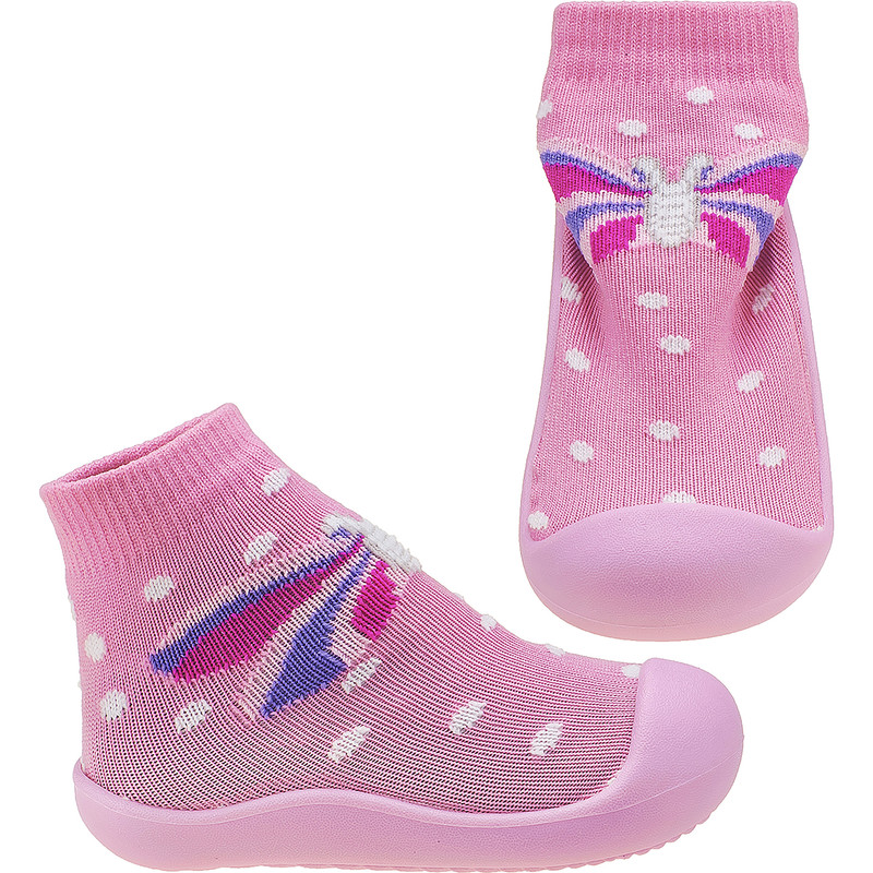 Meia com sola rosa infantil antiderrapante borboleta miniatura 3